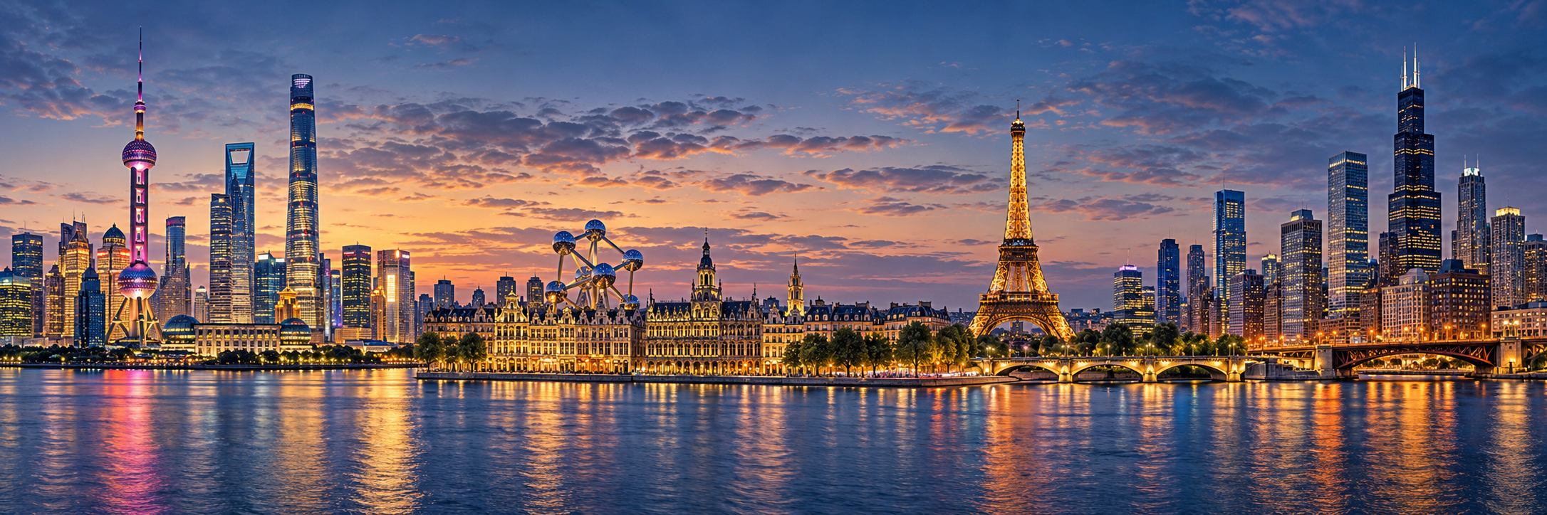 An imagined panorama blending Shanghai, Brussels, Paris and Chicago